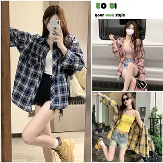 Áo sơ mi kẻ caro túi ngực form rộng oversize, Sơ mi kẻ hàn quốc phong cách ulzzang siêu hot - EOBI