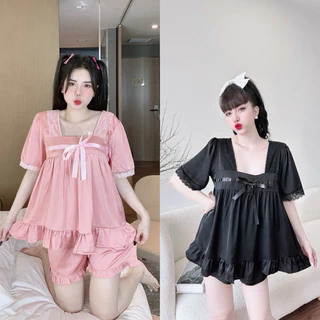 Bộ đồ pijama lụa tay ngắn tiểu thư bèo nơ tay ngắn.