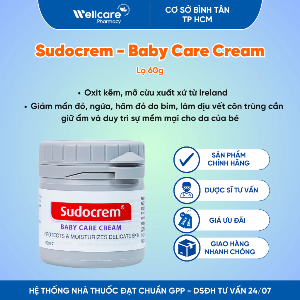 Sudocrem Baby Care Cream [Chính hãng] - Lọ 60g hỗ trợ giảm mẩn đỏ, ngứa, hăm đỏ do tã cho bé