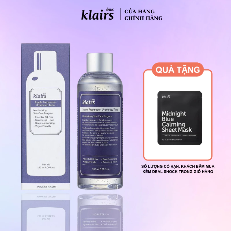 Nước Hoa Hồng Không Mùi Dưỡng Ẩm Da Và Làm Mềm Da Dear Klairs Supple Preparation Unscented Toner 180ml