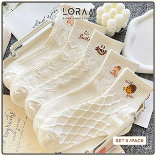 Tất cổ cao nữ chất liệu cotton,set 5 đôi vớ họa tiết thêu dễ thương - Loraa Shop