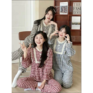 Set đồ nữ gấu dâu hồng, Đồ Mặc Nhà Nữ cổ vuông, cổ xếp li, Pijama Tay Dài Chất Liệu Ngọc Trai Freesize.