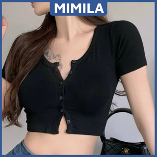 [CÓ SIZE] Áo Croptop Ngắn Tay MIMILA Cúc Ngực Thiết Kế Basic Ôm Sát Body Tôn Dáng Chất Thun Tăm Lạnh - MA233