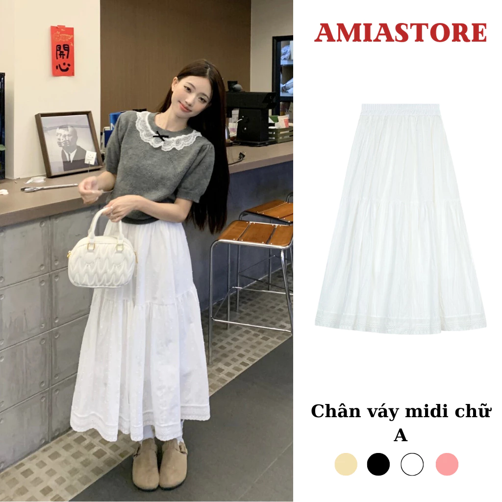 Chân váy midi kiểu chữ a viền ren 2 lớp, chân váy dài 2 tầng thời trang amiastore