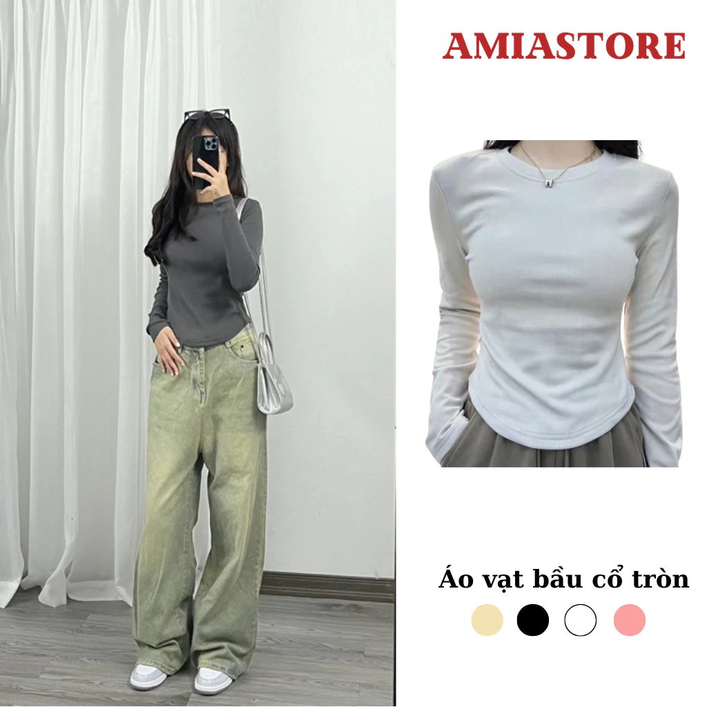 Áo tăm cổ tròn vạt bầu dài tay nữ, áo thun dáng ôm body dài tay amiastore