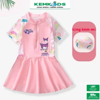 Bikini bé gái Kem Kids họa tiết lá in hình kuromi tặng kèm mũ cho bé gái đi biển 12-45kg