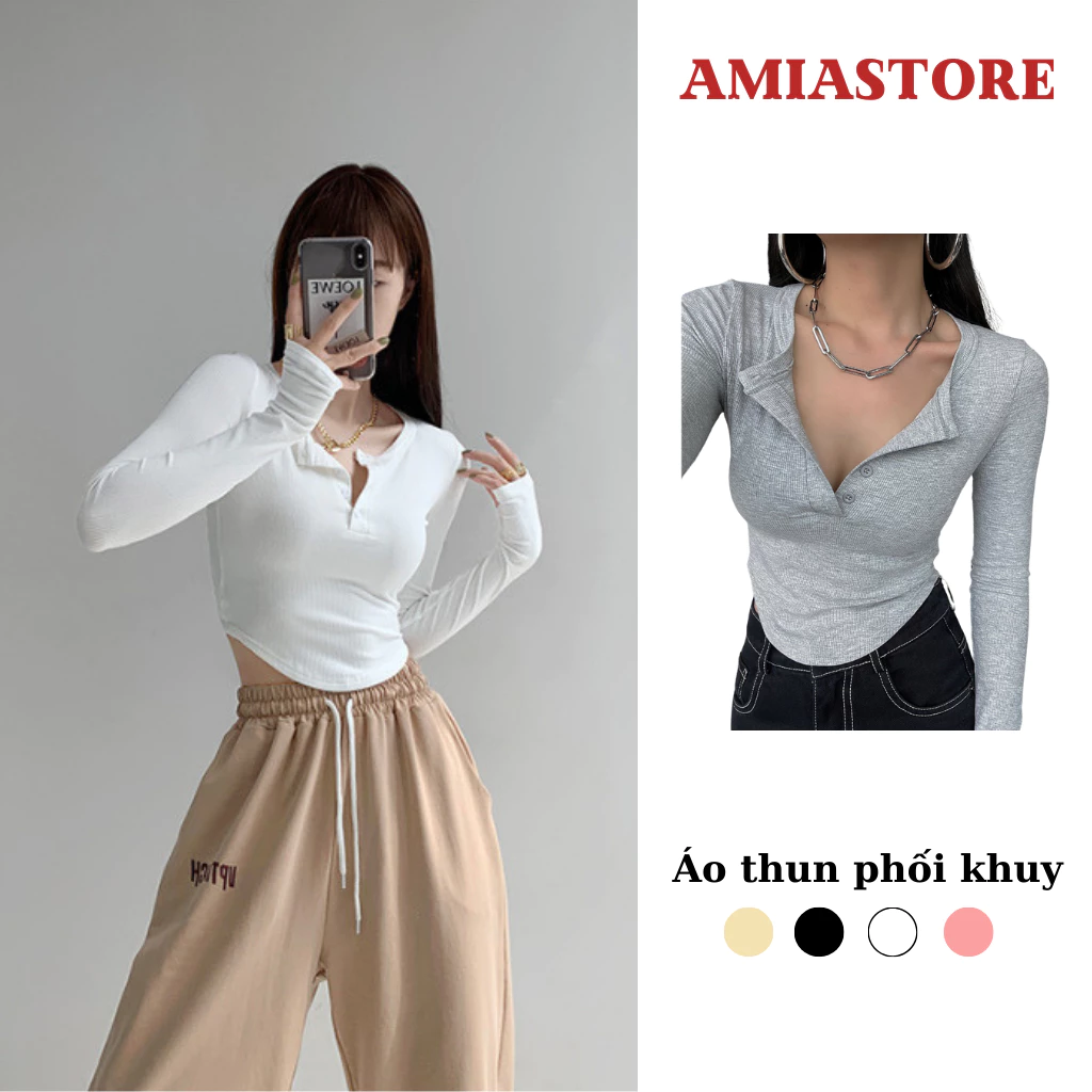 Áo thun dài tay vạt bầu phối khuy nhiều màu nữ,áo thun kiểu dáng ôm body amiastore