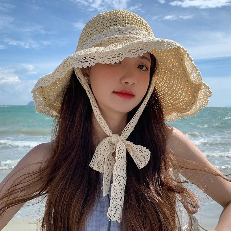 -Mũ cói - Nón cói mềm phối ren thắt nơ tiểu thư bánh bèo