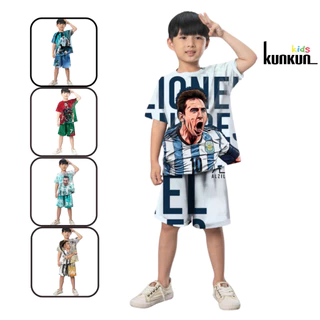 Quần áo bé trai thể thao KUNKUN KID TT021-25 chất Thun lạnh in 3d hình cầu thủ bóng đá, size đại cho trẻ em từ 10-60kg
