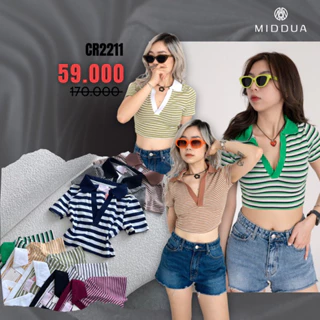 MIDDUA - CR2211 Crop ôm sọc cổ polo