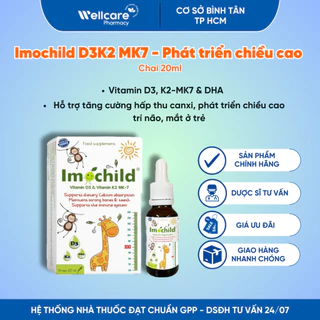 Imochild D3K2 [Chính hãng] – Lọ 20ml bổ sung Vitamin D3K2 & DHA phát triển chiều cao, trí não cho bé