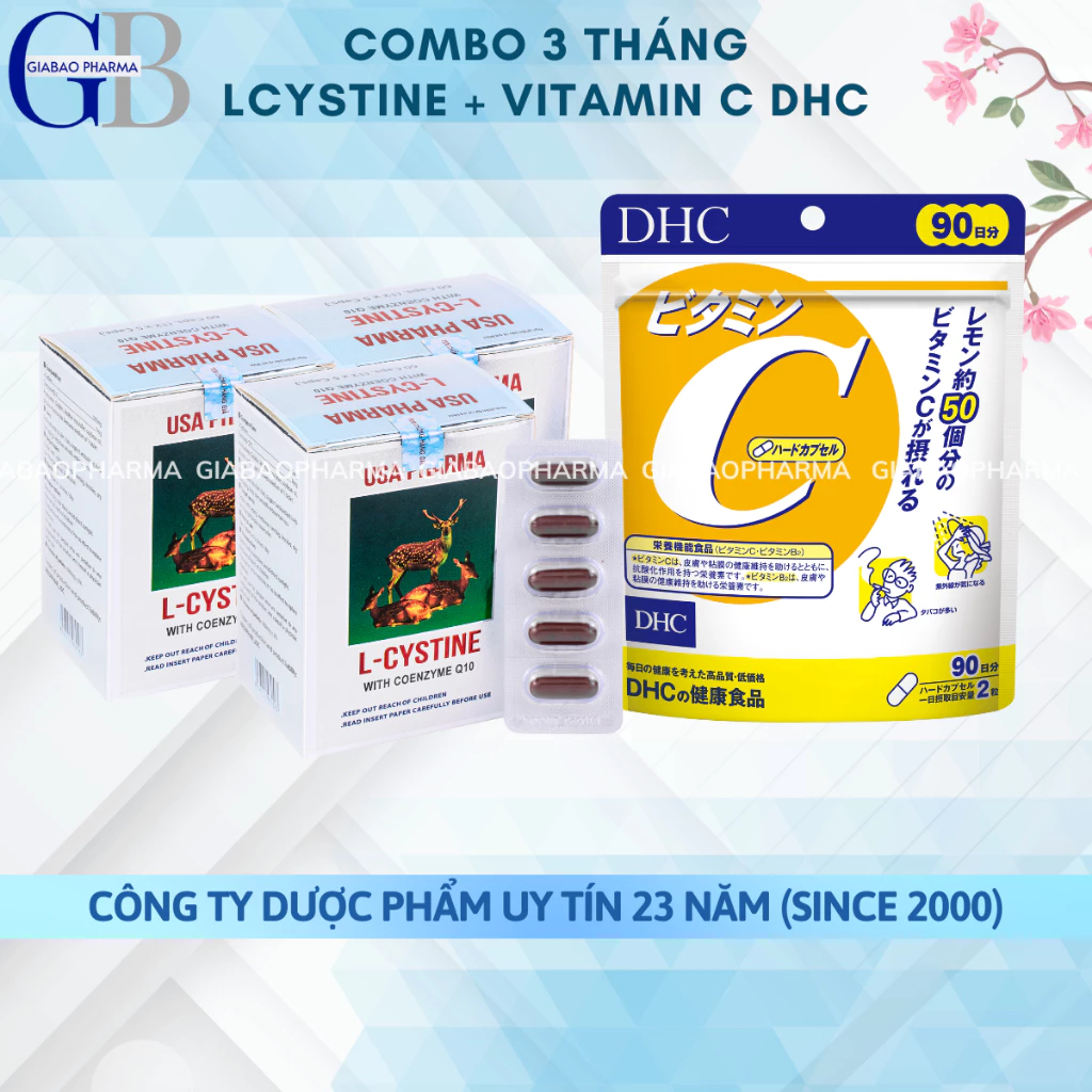 (Combo 3 tháng) Giúp mọc tóc, trắng da L cystine 500mg và Vitamin C DHC (L cystine hộp 60 viên, Vitamin C gói 180v