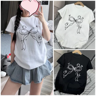 Áo thun Baby tee nữ cộc tay họa tiết in hình nơ ,chất cotton thoáng mát,2 màu phong cách dễ thương năng động