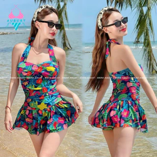 Đồ bơi nữ bikini liền thân hoa buộc cổ hách dáng che khuyết điểm bigsize đồ đi biển bikini kín đáo