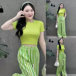 Đồ bộ nữ, set đồ bộ quần ống rộng đai cao, áo croptop vải thun gân tăm lạnh dày, bộ đồ mặc ở nhà nữ