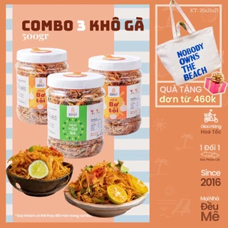 Combo 3 Loại Khô Gà hộp 500g (Khô gà lá chanh, Khô gà bơ tỏi, Khô gà nguyên vị) vị cay - ít cay | KHA GỒ