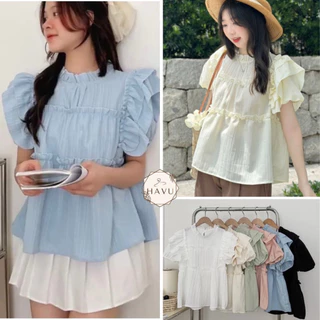 Áo babydoll cánh tiên tay bèo màu pastel, áo sơ mi kiểu nữ tay cánh tiên nhún bèo, áo babydoll cánh tiên đũi gân