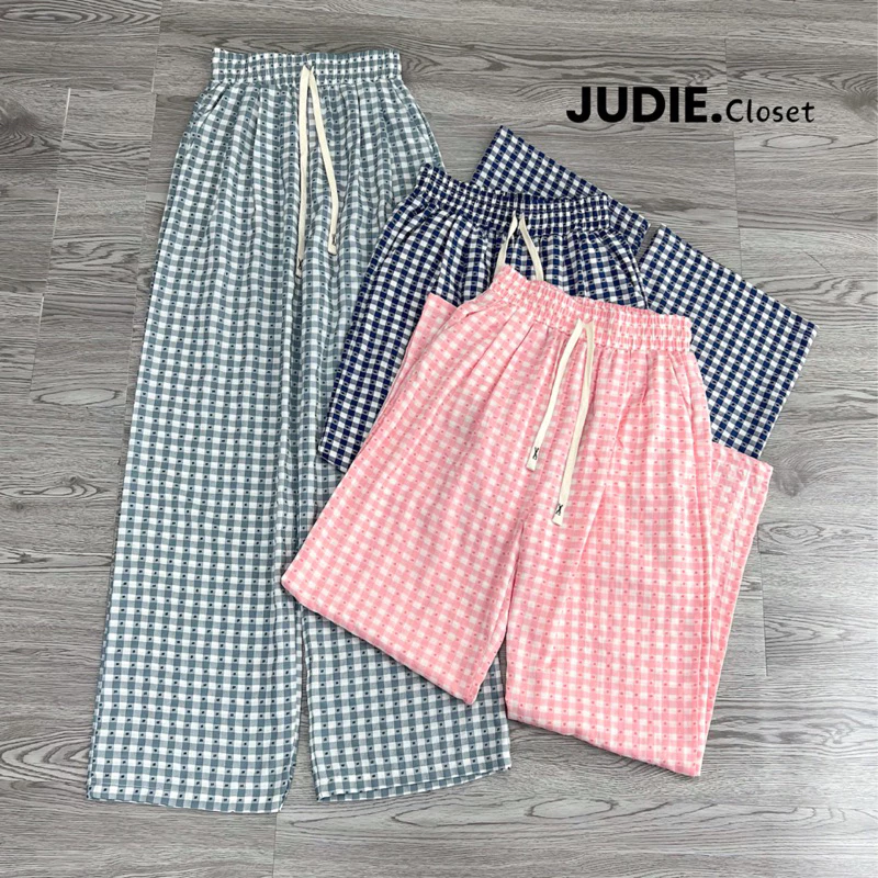 Quần Suông Nữ Dáng Dài Hoạ Tiết Kẻ Caro Dập Nổi,Quần Ống Rộng Nữ Cạp Chun Lưng Cao JUDIE.Closet