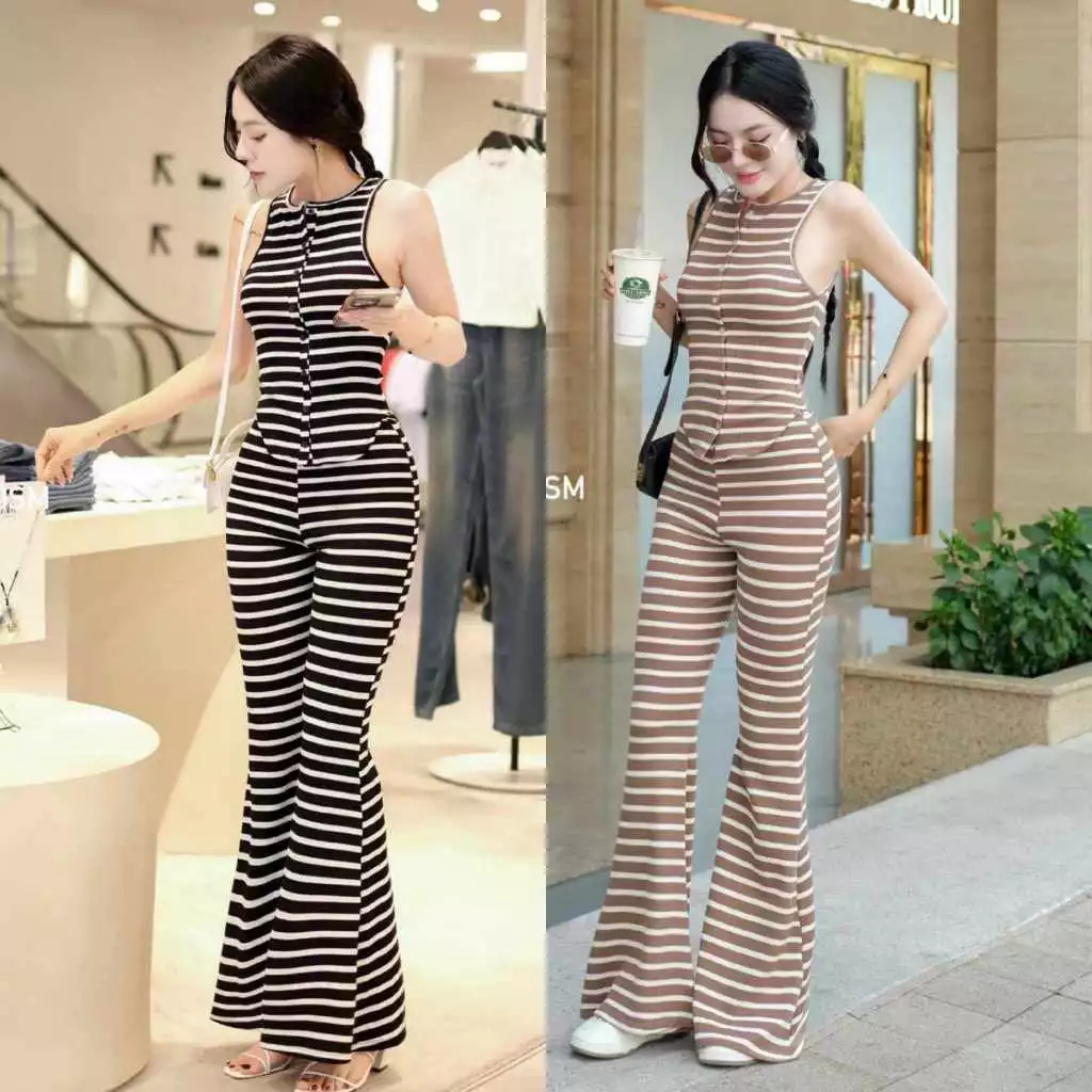 Đồ bộ nữ, set đồ bộ thun gân borip quần ống loe đai cao có túi kèm áo 3 lỗ ôm croptop vừa, bộ đồ mặc nhà