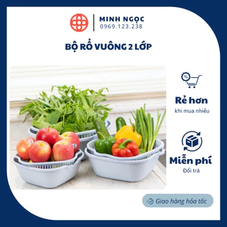 Bộ rổ vuông 2 lớp Việt Nhật (MS:3288/3289/3290) - Bộ rổ kèm chậu hứng nước rửa rau củ đựng hoa quả trái cây Việt Nhật