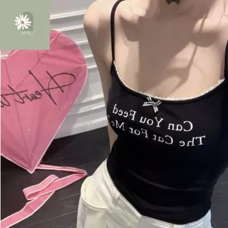 Áo 2 Dây Croptop CÓ MÚT ĐỆM, Áo Len Dệt Kim Nữ Co Giãn In Chữ Đính Nơ Ngực Màu Trơn Ôm Body Phong Cách Qccc NVNstore