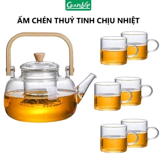 Bộ Ấm Trà 6 Chén Thủy Tinh Chịu Nhiệt 1000ML Bình Pha Trà Lõi lọc Thủy Tinh, Quai Gỗ Tre Độc Đáo