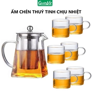 Bộ Ấm Trà 6 Chén Lõi Lọc Inox 304, Bình Pha Trà Đáy Vuông Chịu Nhiệt 750ml - 950ml