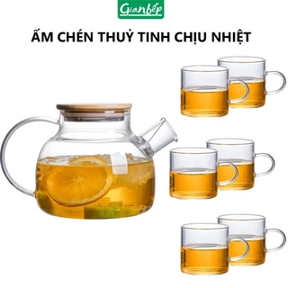 Bình, Ấm Trà Thủy Tinh Đun Nước Detox Lọc Trà Chịu Nhiệt Nắp Gỗ 1L