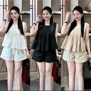 Sét Áo Nữ Sát Nách Kèm Quần Sooc Chun Lưng Siu Xinh, Sét Áo Tơ Mix Quần Đùi