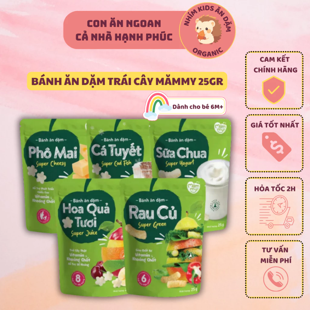 [Date T5/2025] Bánh Ăn Dặm Mămmy Cho Bé Từ 6M+, Giàu Vitamin Và Khoáng Chất, Giúp Bé Tập Cầm Nắm - Gói 25g