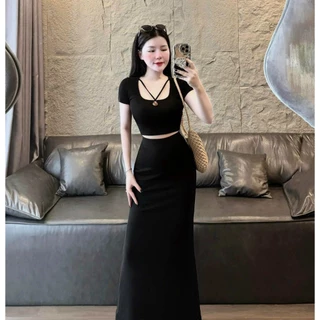 Set Bộ Tăm Lạnh Áo Croptop Phối Chân Váy Dáng Dài