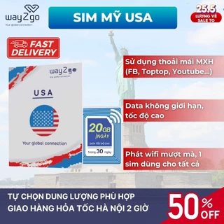 Sim MỸ USA du lịch 7 10 15 ngày tốc độ cao không chặn mạng xã hội, internet không giới hạn data 4G chính hãng WAY2GO