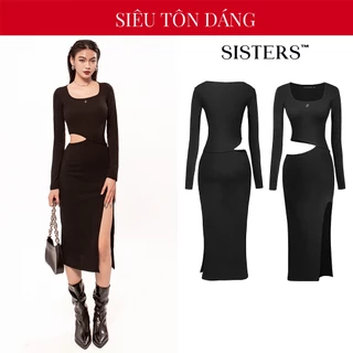 Đầm body dài xẻ tà SISTERS khoét eo dài tay dáng dài màu đen nữ thun gân form ôm tôn dáng Dualipa  SIS-CLUB | SS3-D2