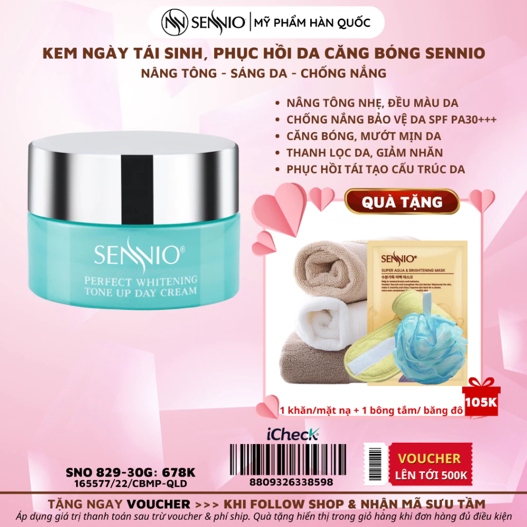 Kem dưỡng ẩm Sennio Perfect Whitening Day Cream dưỡng trắng da mặt ban ngày tái tạo và phục hồi da 30g