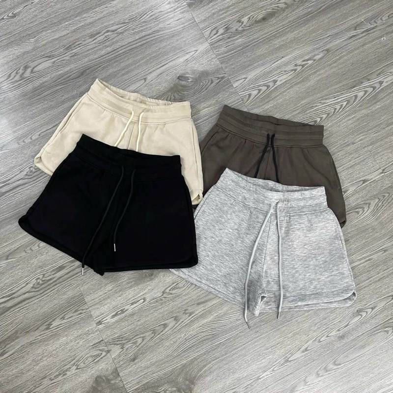 Quần đùi, quần short cạp chun chất liệu da cá mềm mịn lưng cao kèm dây rút kiều dáng trơn basic dễ phối đồ