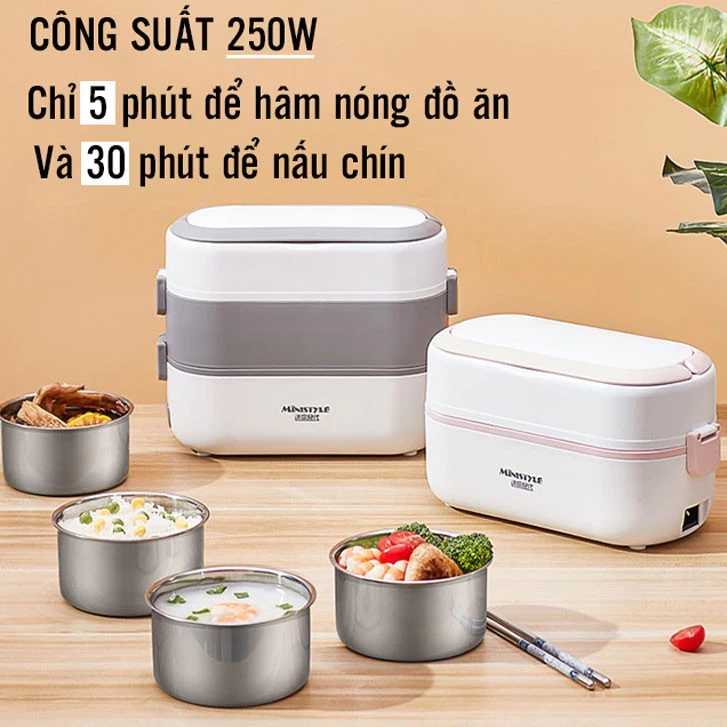 Hộp cơm cắm điện 2 tầng 4 ngăn inox giữ nhiệt hâm đóng và tự nấu chín thức ăn, Hộp Cơm Văn Phòng lõi inox cao cấp