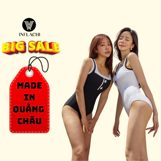 Bikini 1 mảnh liền thân đi biển INFLACHI hai dây phối cúc ngực màu đen trắng tôn dáng che bụng che khuyết điểm 2754 D-16