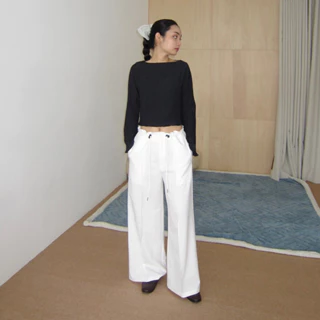 ACHIEVE PEACE - Quần suông ống rộng Wide Pants (có dây rút - trắng/xám)