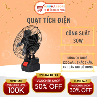 Quạt tích điện đế pin MISUMA dung lượng lớn phổ thông 8 inch, chất liệu thép sơn tĩnh điện, lõi đồng