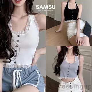 Áo ba lỗ croptop nữ màu phối cổ yếm ren trang trí nút áo phía trước Samsu.clothing_saigon