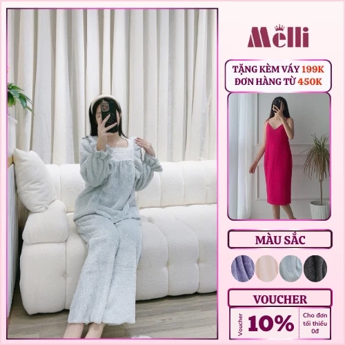 Đồ bộ nữ pijama mặc nhà dài tay chất lông phối ren cao cấp, bộ đồ ngủ thu đông nữ co giãn mềm mịn giữ nhiệt tốt