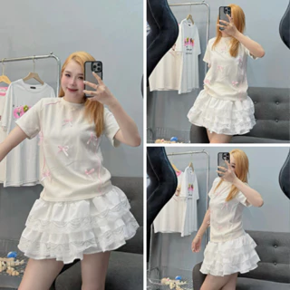 Áo phông babytee cổ tròn ,áo thun form fit đính nơ viền hồng chất cotton thoáng mát kiểu dáng thời trang Hàn quốc