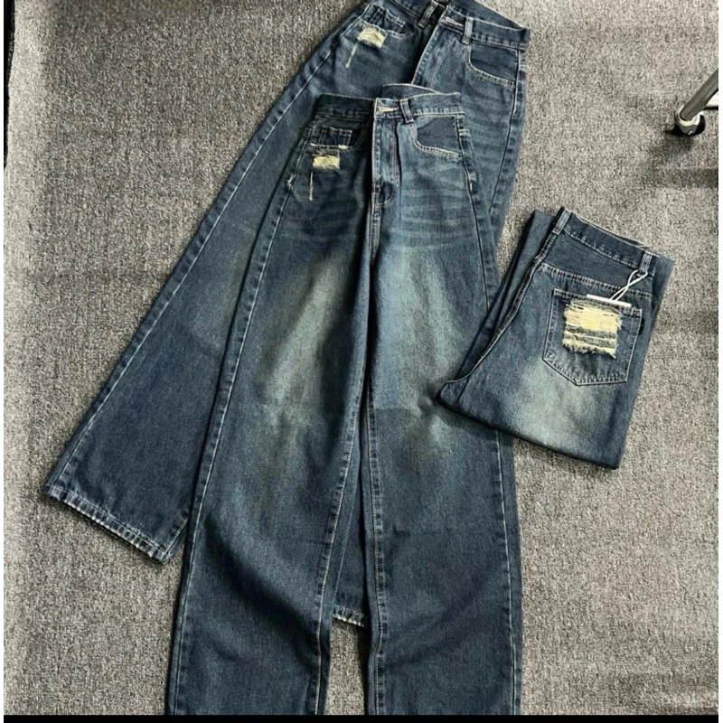 Quần Jeans Suông Ống Rộng Cạp Cao Túi Rách Cá Tính