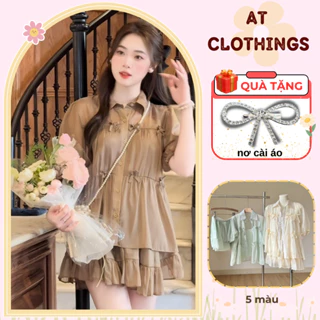 Set Chân Váy Áo Kiểu Nữ 💖𝑭𝒓𝒆𝒆𝒔𝒉𝒊𝒑💖 Set Babydoll Chất Voan Tơ Cổ Đức Đính Nơ Kèm Chân Váy Xòe Nữ Tính