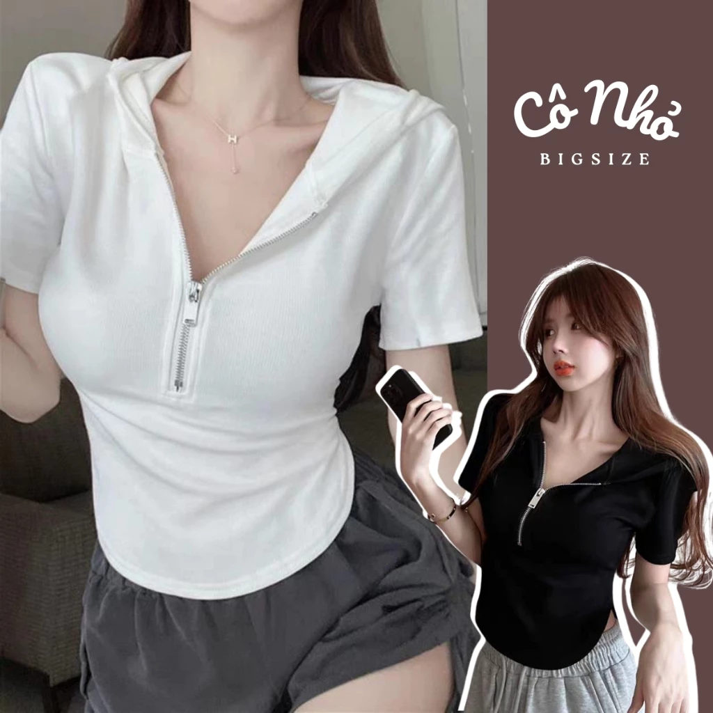 Áo Kiểu Croptop Bigsize Cô Nhỏ Vải Dệt Kim Thun Gân,Áo Bigsize Nữ Tay Ngắn Có Mũ Khóa Kéo Co Giãn G32