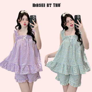 Pijama 2 dây bèo phối nơ caro thô mềm pastel siêu xinh. Bộ ngủ nữ 2 dây bèo caro xinh xắn mã TN02