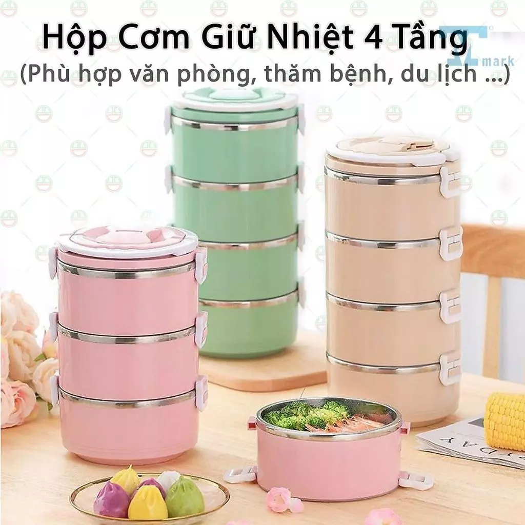 Hộp Cơm Giữ Nhiệt, Cặp Lồng Cơm Giữ Nhiệt Lúa Mạch 4 Tầng Ruột Inox