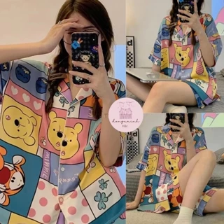 Bộ đồ ngủ pijama nữ cộc tay quần đùi chất lụa Kate Thái mềm mịn màu vàng trắng họa tiết đầu gấu cute