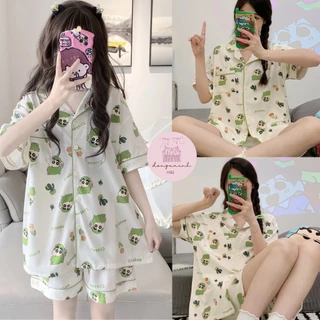 Bộ đồ ngủ pijama nữ cộc tay quần đùi chất lụa Kate Thái mềm mịn họa tiết màu xanh đáng yêu