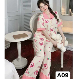 Bộ pijama nữ tay Cộc quần Dài họa tiết dễ thương mặc nhà kate thô phối viền(Msp02)